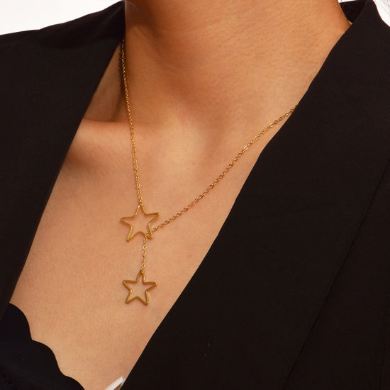 Picture of Stylish Y Shaped Lariat Necklace Gold Plated Pentagram Star 43cm(16 7/8") long, 1 Piece