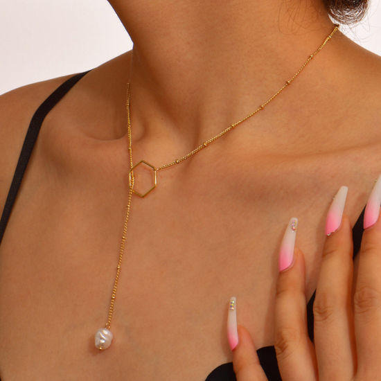 Picture of Stylish Y Shaped Lariat Necklace Gold Plated Hexagon Imitation Pearl 43cm(16 7/8") long, 1 Piece
