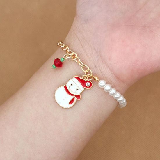 Picture of Christmas Bracelets Gold Plated Christmas Snowman Imitation Pearl 18cm(7 1/8") long, 1 Piece