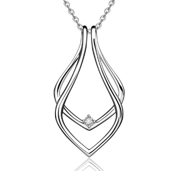 Picture of Simple Ring Holder Pendant Necklace Silver Tone Geometric Clear Rhinestone 42cm(16 4/8") long, 1 Piece