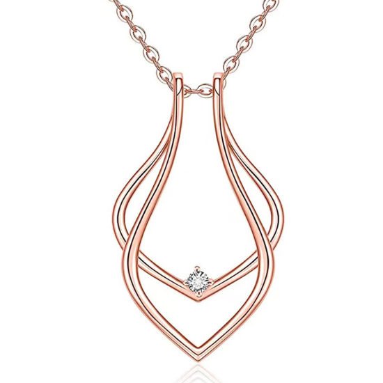 Picture of Simple Ring Holder Pendant Necklace Rose Gold Geometric Clear Rhinestone 42cm(16 4/8") long, 1 Piece