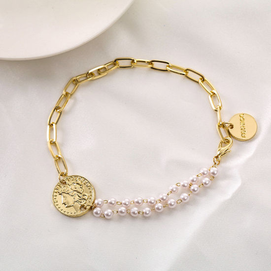 Picture of Exquisite Bracelets Gold Plated Round Beauty Lady Imitation Pearl 18cm(7 1/8") long, 1 Piece