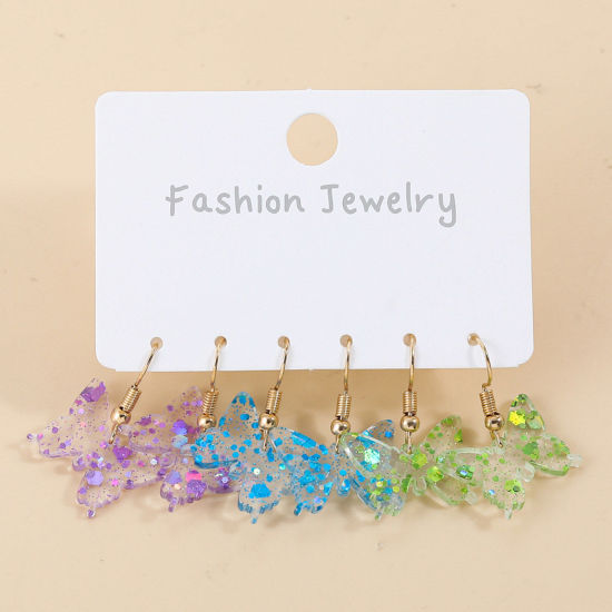 Picture of Resin Cute Earrings Gold Plated Multicolor Butterfly Animal 3cm x 2cm, 1 Set ( 3 Pairs/Set)