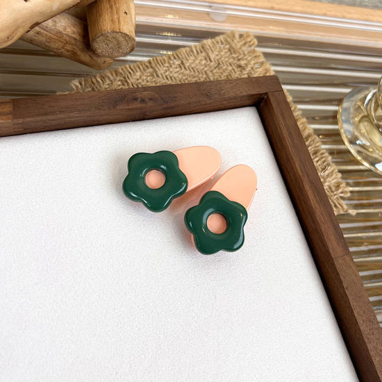 Picture of Acrylic Cute Hair Clips Flower Green & Orange Pink 4.2cm x 2.5cm, 1 Set ( 2 PCs/Set)