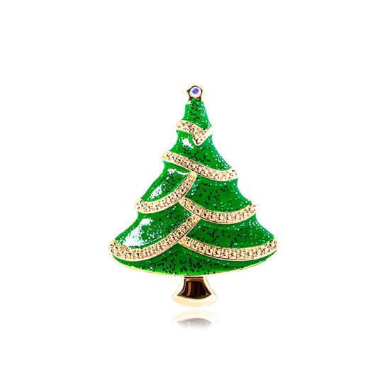 Picture of Christmas Pin Brooches Christmas Tree Gold Plated Green 5cm x 3.8cm, 1 Piece