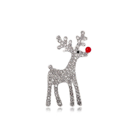 Picture of Christmas Pin Brooches Christmas Deer Silver Tone Clear Rhinestone 4.8cm x 3cm, 1 Piece