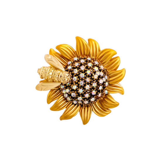 Picture of Retro Pin Brooches Sunflower Bee Gold Plated AB Color Rhinestone 2.9cm x 2.9cm, 1 Piece