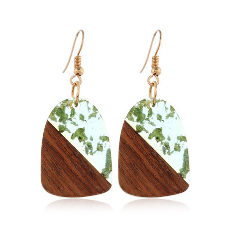 Picture of Resin Natural Wood Effect Resin Ear Wire Hook Earrings Gold Plated Light Green Geometric Splicing 5.2cm x 2cm, 1 Pair
