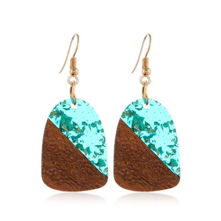 Picture of Resin Natural Wood Effect Resin Ear Wire Hook Earrings Gold Plated Blue Geometric Splicing 5.2cm x 2cm, 1 Pair