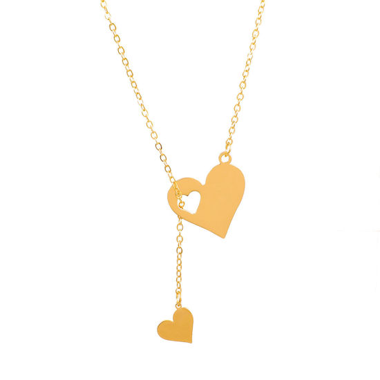 Picture of 304 Stainless Steel Valentine's Day Y Shaped Lariat Necklace Gold Plated Heart Hollow 47cm(18 4/8") long, 1 Piece