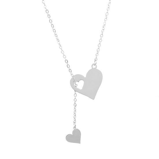 Picture of 304 Stainless Steel Valentine's Day Y Shaped Lariat Necklace Silver Tone Heart Hollow 47cm(18 4/8") long, 1 Piece