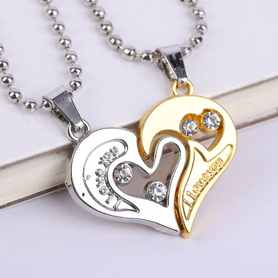 Picture of Stylish Pendant Necklace Silver Tone Gold Plated Broken Heart Clear Rhinestone 50cm(19 5/8") long, 1 Set ( 2 PCs/Set)