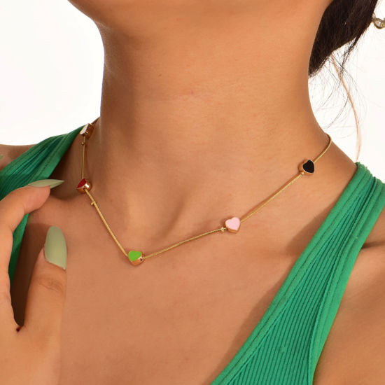 Изображение Простой Ожерелье с подвеской Позолоченный Разноцветный Сердце С Эмалью 39см длина, 1 ШТ