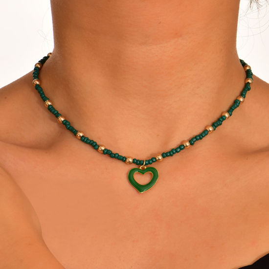 Bild von Acryl Stilvoll Anhänger Halskette Grün Herz Emaille 38cm lang, 1 Strang