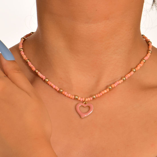 Bild von Acryl Stilvoll Anhänger Halskette Rosa Herz Emaille 38cm lang, 1 Strang
