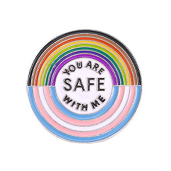 Picture of Rainbow Pin Brooches Round Message " YOU ARE SAFE WITH ME " Multicolor Enamel 3.4cm x 3.4cm, 1 Piece