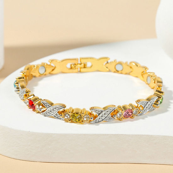 Picture of 1 Piece Therapy Health Weight Loss Energy Slimming Lymphatic Drainage Magnetic Bracelets Gold Plated & Silver Tone Multicolor Rhinestone 21cm(8 2/8") long