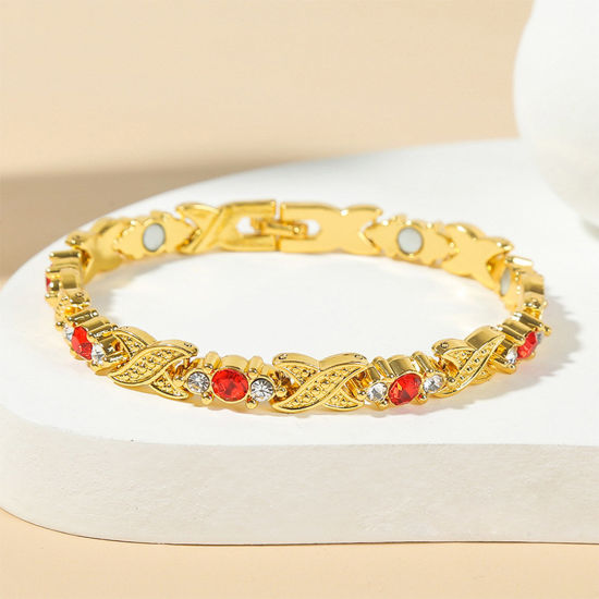 Picture of 1 Piece Therapy Health Weight Loss Energy Slimming Lymphatic Drainage Magnetic Bracelets Gold Plated Red Rhinestone 21cm(8 2/8") long