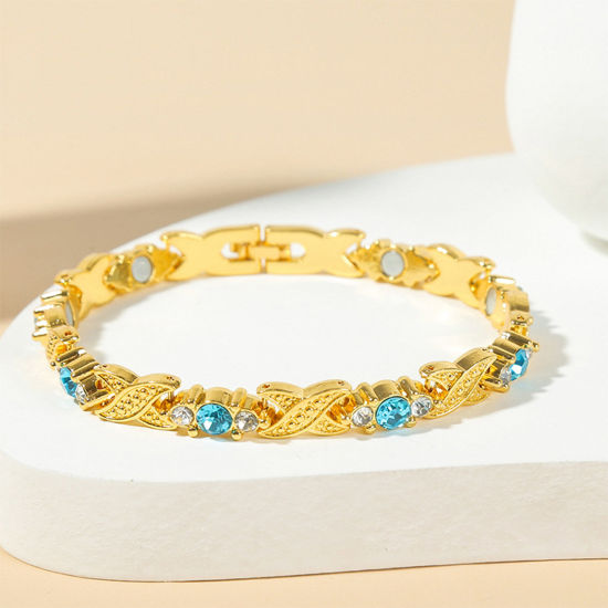 Picture of 1 Piece Therapy Health Weight Loss Energy Slimming Lymphatic Drainage Magnetic Bracelets Gold Plated Blue Rhinestone 21cm(8 2/8") long