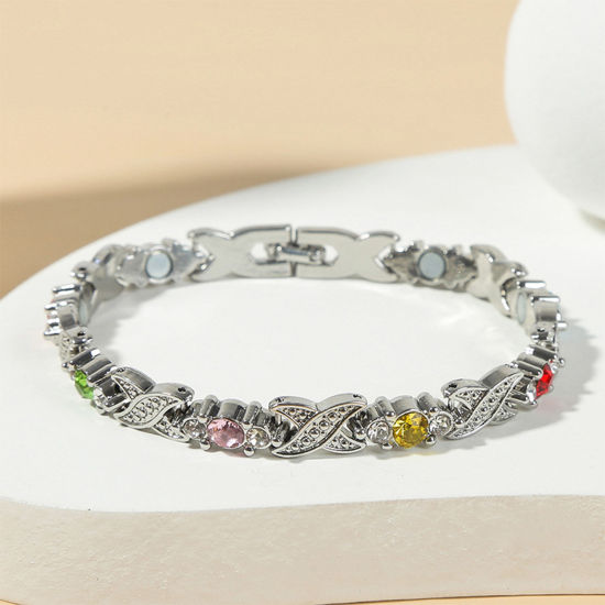 Picture of 1 Piece Therapy Health Weight Loss Energy Slimming Lymphatic Drainage Magnetic Bracelets Silver Tone Multicolor Rhinestone 21cm(8 2/8") long