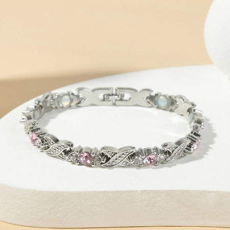 Picture of 1 Piece Therapy Health Weight Loss Energy Slimming Lymphatic Drainage Magnetic Bracelets Silver Tone Pink Rhinestone 21cm(8 2/8") long