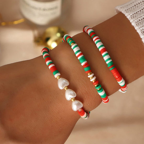 Picture of Polymer Clay Christmas Jewelry Necklace Bracelets Set Multicolor Imitation Pearl 16cm(6 2/8") long, 1 Set ( 3 PCs/Set)