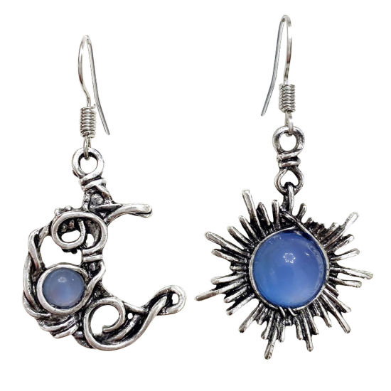 Bild von Böhmischer Stil Asymmetrische Ohrringe Antiksilber Blau Sonne Mond Imitation Mondstein 4cm, 1 Paar