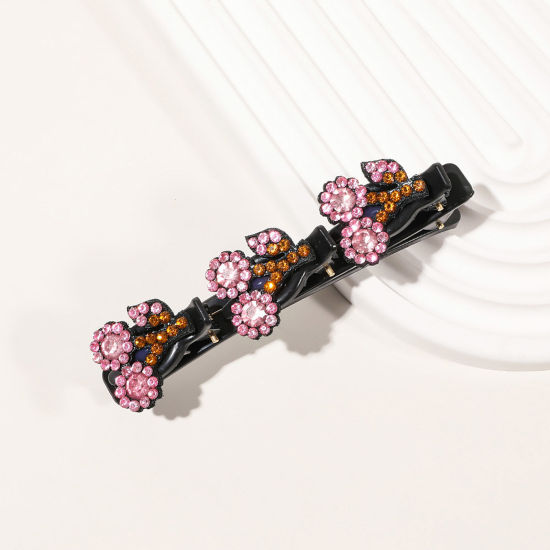 Bild von Harz Geflochten Haarklammer Schwarz Kirsche Rosa Strass 9.5cm x 3cm, 1 Stück