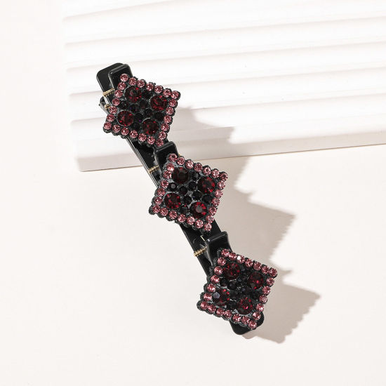 Bild von Harz Geflochten Haarklammer Schwarz Raute Weinrot Strass 9.5cm x 3cm, 1 Stück