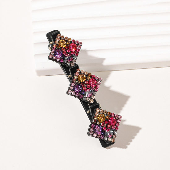 Bild von Harz Geflochten Haarklammer Schwarz Raute Bunt Strass 9.5cm x 3cm, 1 Stück