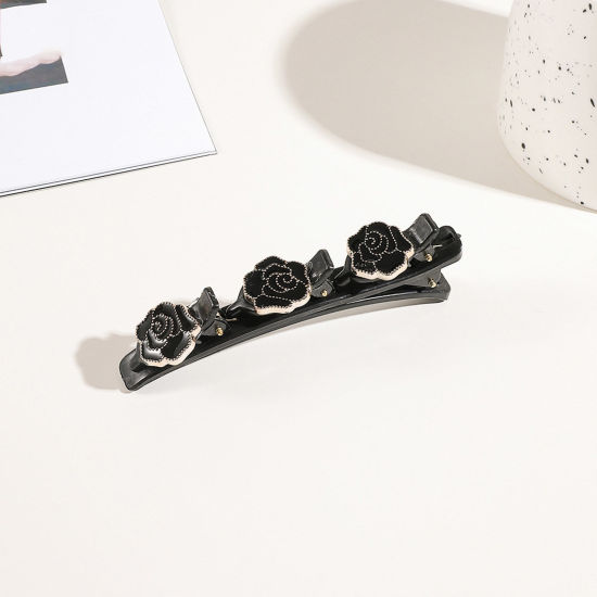 Bild von Harz Geflochten Haarklammer Schwarz Rose 9.5cm x 3cm, 1 Stück