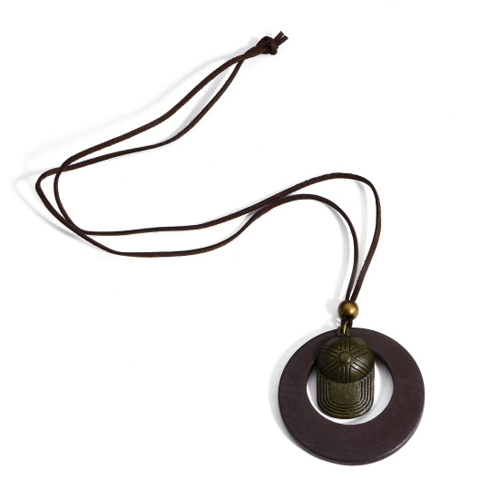 ウッド ボヘミアン ロングネックレス 銅古美 暗褐色 環状 帽子 80cm 長さ、 1 本 の画像
