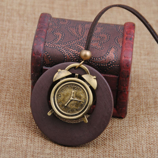 Picture of Wood Boho Chic Bohemia Sweater Necklace Long Antique Bronze Dark Brown Alarm Clock Circle Ring 80cm(31 4/8") long, 1 Piece