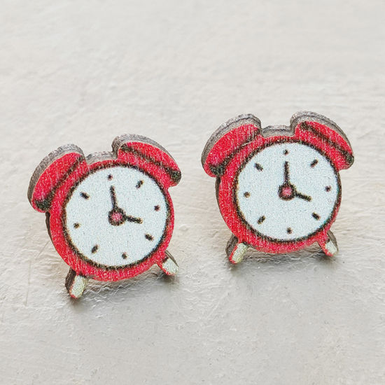 Picture of Wood College Jewelry Ear Post Stud Earrings Red Alarm Clock 17mm x 10mm, 1 Pair