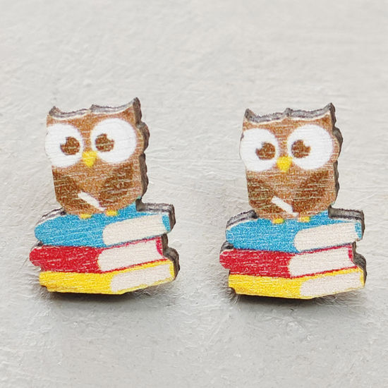 Picture of Wood College Jewelry Ear Post Stud Earrings Multicolor Book Owl 17mm x 10mm, 1 Pair