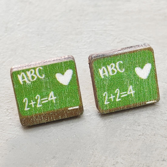 Picture of Wood College Jewelry Ear Post Stud Earrings Green Book Heart Message " A B C " 17mm x 10mm, 1 Pair