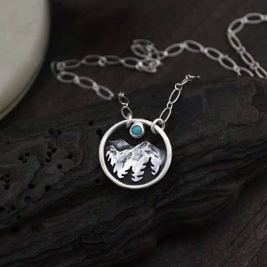Immagine di Stile Bohemien Collana con Ciondolo Argento Antico Anello Montagna Turchese Imitato 45cm Lunghezza, 1 Pz