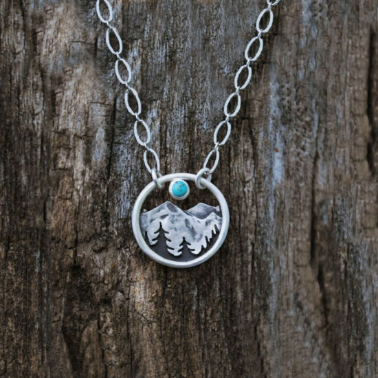 Immagine di Stile Bohemien Collana con Ciondolo Argento Antico Anello Montagna Turchese Imitato 45cm Lunghezza, 1 Pz