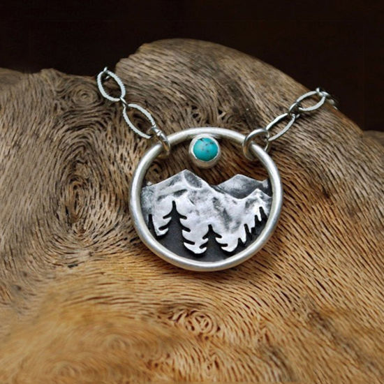 Immagine di Stile Bohemien Collana con Ciondolo Argento Antico Anello Montagna Turchese Imitato 45cm Lunghezza, 1 Pz