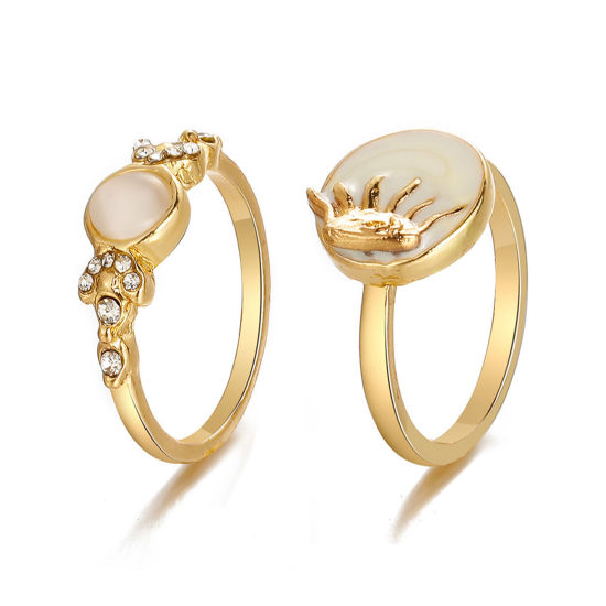 Picture of Galaxy Unadjustable Rings Gold Plated Sun Moon Imitation Shell 16mm(US size 5.25), 1 Set ( 2 PCs/Set)