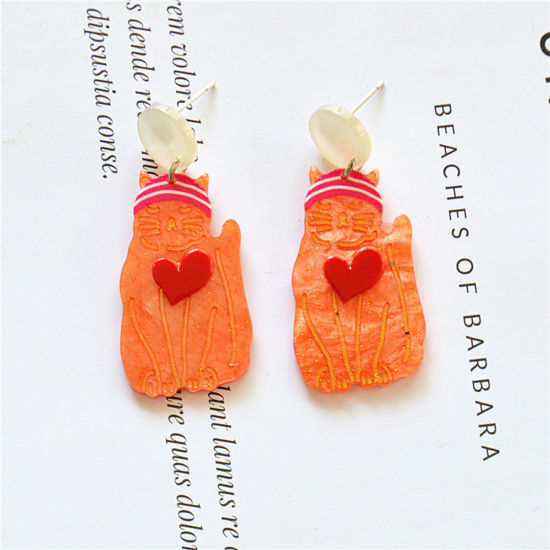Bild von Acryl Niedlich Ohrring Orangerot Katze Glitzert 5cm x 2cm, 1 Paar