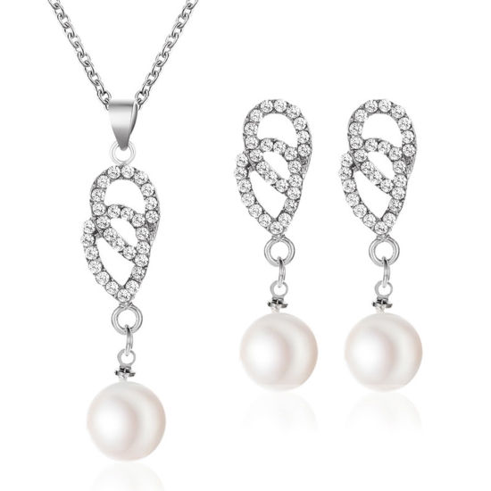Picture of Elegant Jewelry Necklace Earrings Set Silver Tone Drop Clear Rhinestone Imitation Pearl 52cm(20 4/8") long, 3.5cm x 1.5cm, 1 Set