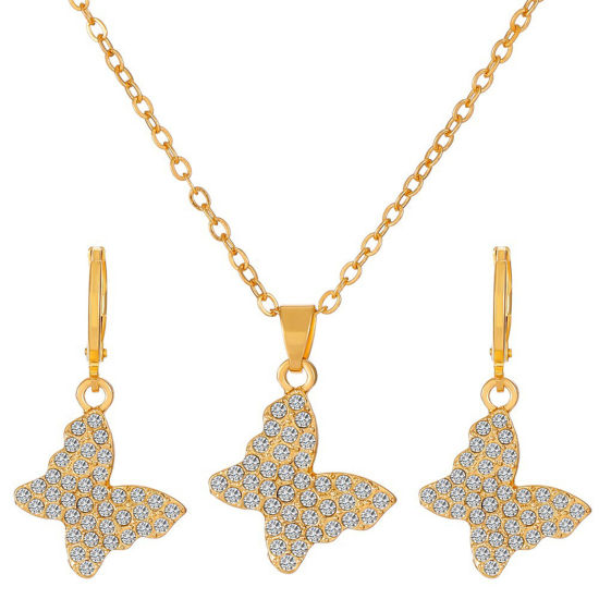 Picture of Retro Jewelry Necklace Earrings Set Gold Plated Butterfly Animal Clear Rhinestone 47cm(18 4/8") long, 3.4cm x 2.5cm, 1 Set
