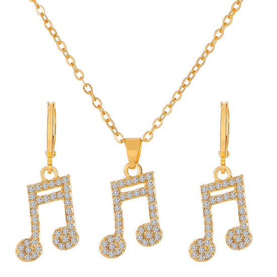 Picture of Retro Jewelry Necklace Earrings Set Gold Plated Musical Note Clear Rhinestone 47cm(18 4/8") long, 3.4cm x 2.5cm, 1 Set