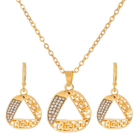 Picture of Retro Jewelry Necklace Earrings Set Gold Plated Triangle Clear Rhinestone 47cm(18 4/8") long, 3.4cm x 2.5cm, 1 Set