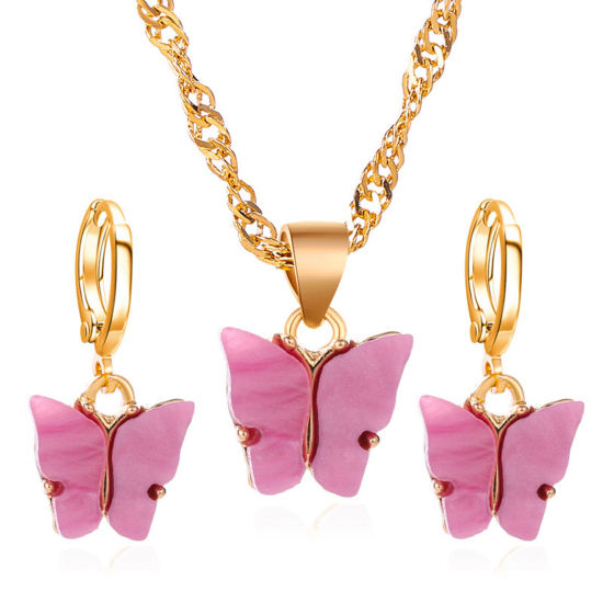 Picture of Retro Jewelry Necklace Earrings Set Gold Plated Pink Butterfly Animal 47cm(18 4/8") long, 3.4cm x 2.5cm, 1 Set