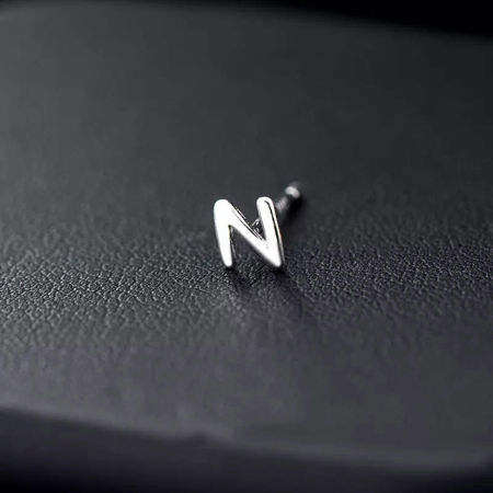 Picture of Brass Stylish Ear Post Stud Earrings Platinum Plated Capital Alphabet/ Letter Message " N " 1cm, 1 Piece