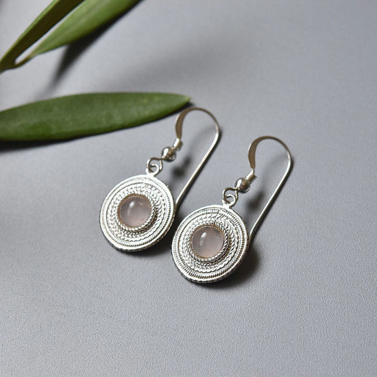 Imagen de 1 Par Elegante Pendientes Plata Antigua Rosado Disco Ojo de Gato Imitación 3cm