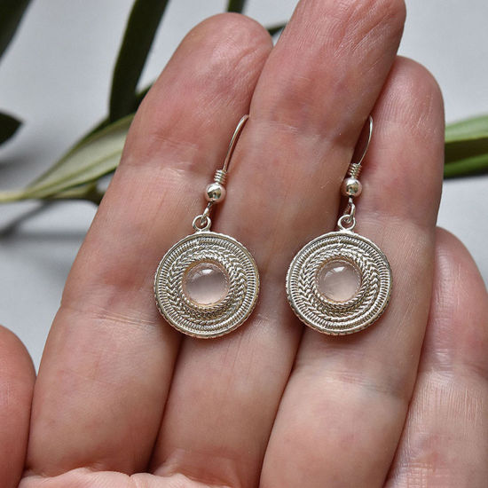 Imagen de 1 Par Elegante Pendientes Plata Antigua Rosado Disco Ojo de Gato Imitación 3cm