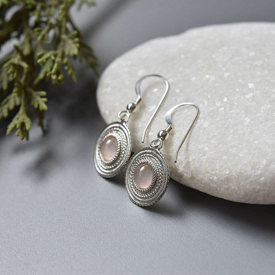 Imagen de 1 Par Elegante Pendientes Plata Antigua Rosado Disco Ojo de Gato Imitación 3cm